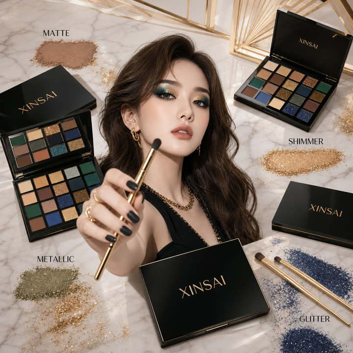 美妆眼影盘与女模特手持刷,大理石台面